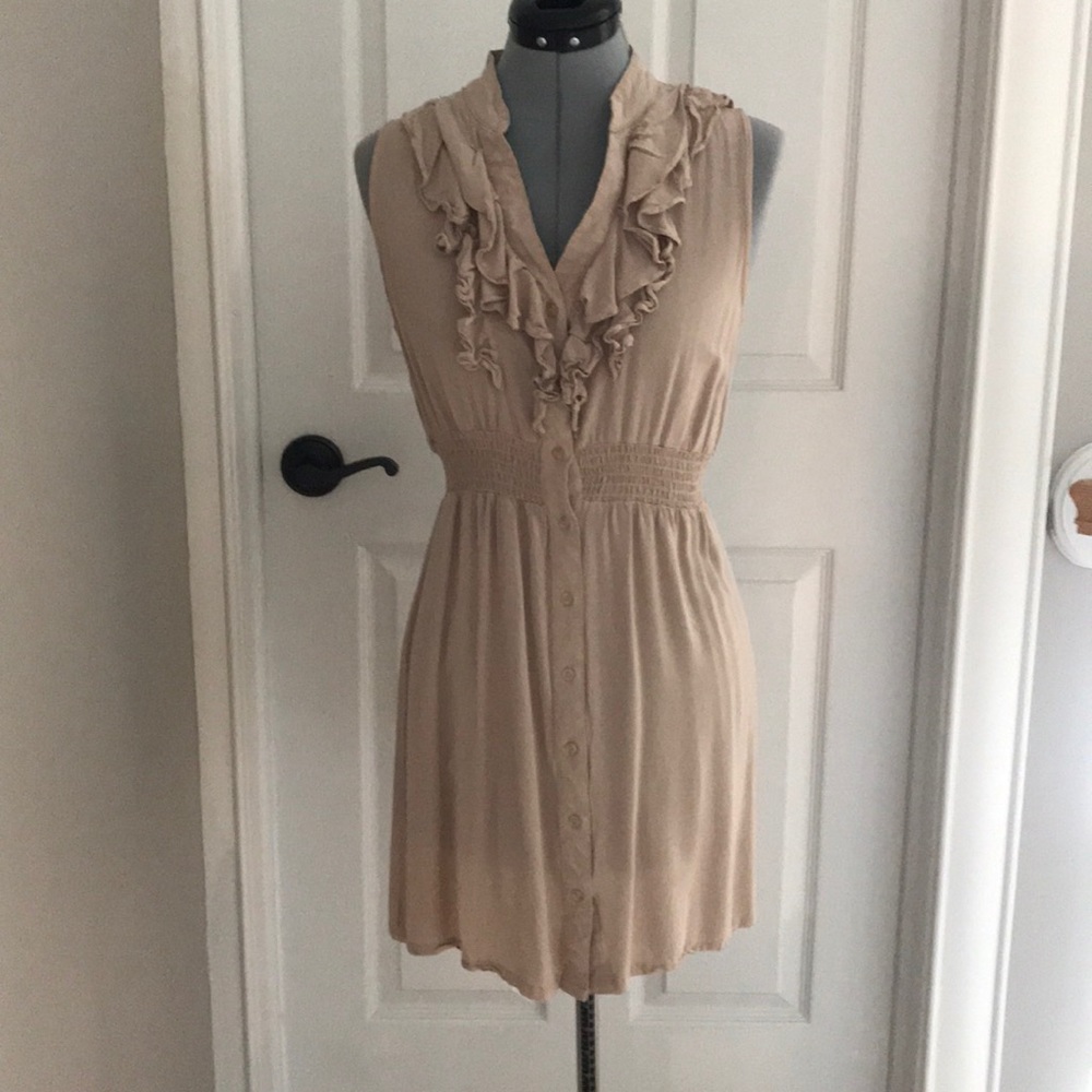 Tan ruffled tank dress with buttons